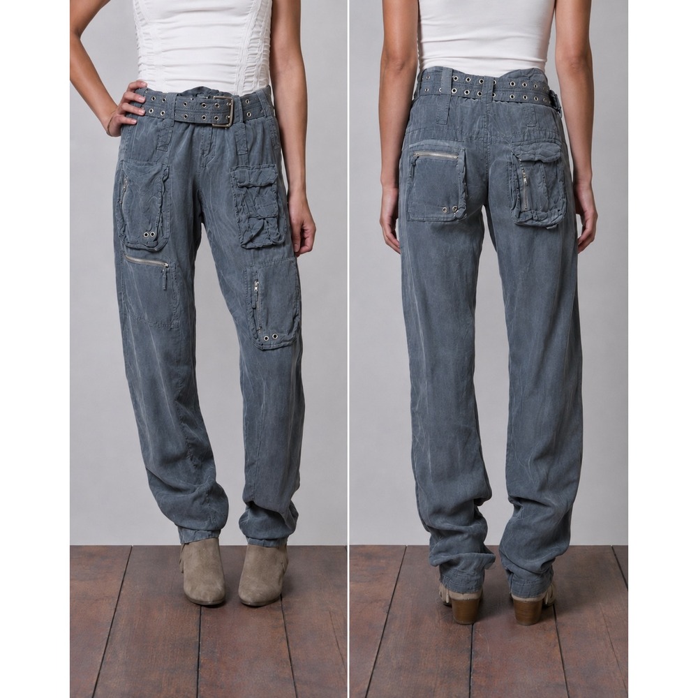 Pete & Greta Johnny Was Cupra Rayon Cargo Pants Grommet Belted Utility Grunge  6